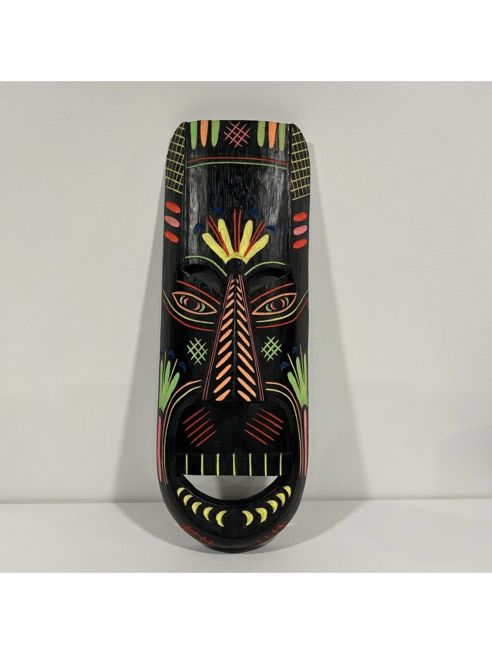 Vintage Hand Carved Wooden Tribal Mask Black Neon Hand Painted Art 19”